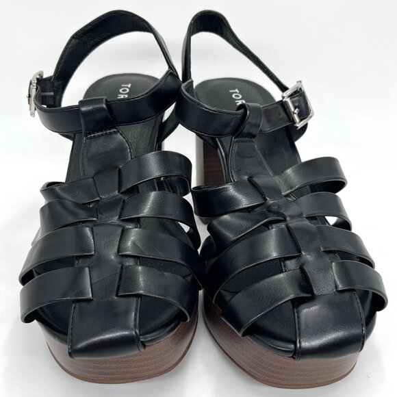 New Torrid Black Faux Leather Gladiator with Brown Chunky Heel - Size 8WW - Picture 3 of 11